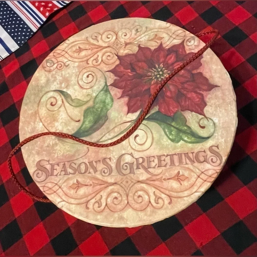NWT “Seasons Greetings” 37”around GIFT/Storage Container Grannycore gift cookies